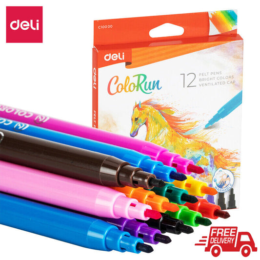 Deli Felt Tip Pens Bullet Tip Markers Non-toxic Quick-Dry Ink 12/24Colours