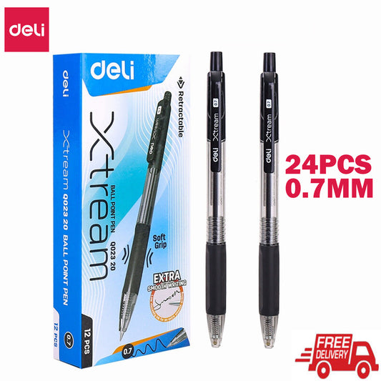 Deli 24Pcs Retractable Ballpoint Pen 0.7mm Black TPR Soft Grip Smooth Writing