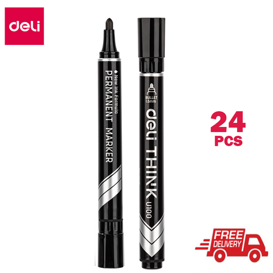 Deli 24Pcs Permanent Marker Black 1.5mm Bullet tip Fast Dry Low Odor Waterproof